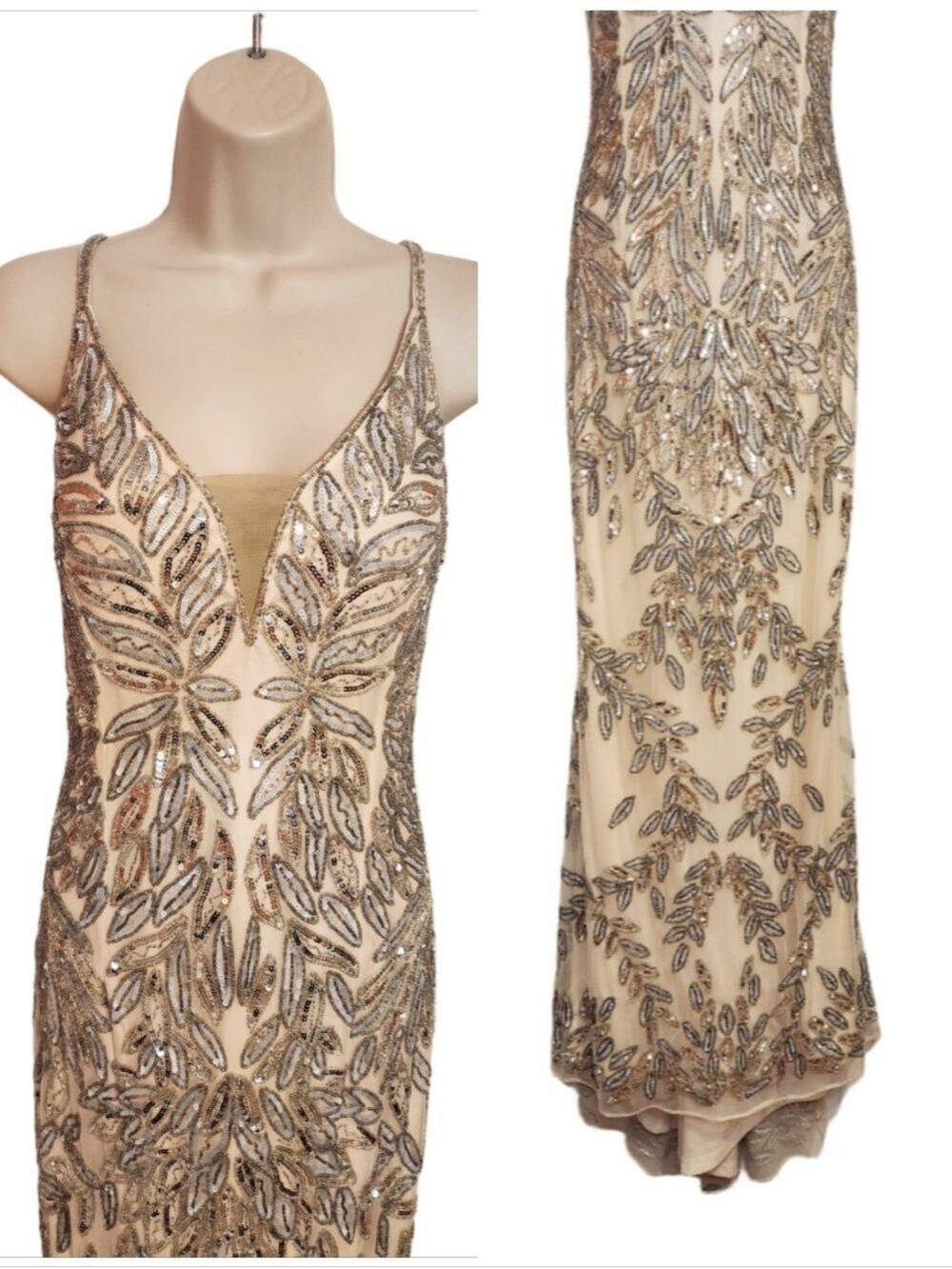 Mac Duggal Silver Gold Beaded Leaf Sequin Illusion V-Neck Gown Dress Size 10 - Picture 3 of 10